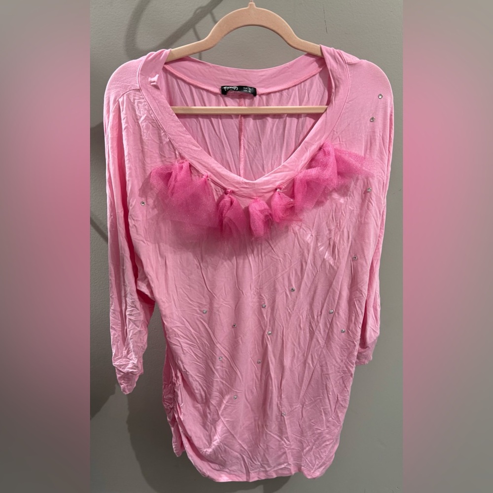 Thanth Pink Bedazzled 3/4 Sleeve Ruched Top Sz XL